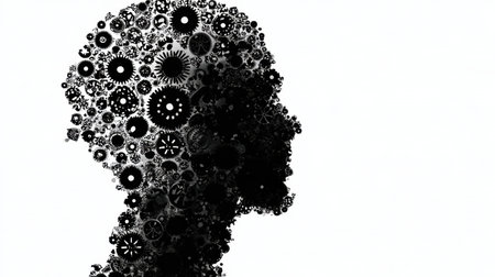 A human head silhouette with intricate gears on one side represents complex thoughts, while the other side is empty.の素材