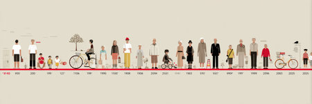 This visual timeline illustrates a persons journey of learning and skill development from adolescence to old age, highlighting key activities and milestones.の素材