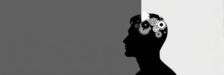 Silhouette of a human head turning features gears inside, symbolizing creative thinking and the process of generating ideas in a minimalist style.の素材