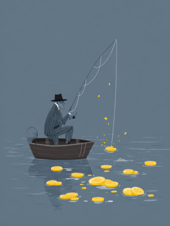 A clever fraudster fishes with gold coins as bait, showcasing a humorous take on deception in a whimsical cartoon style.の素材