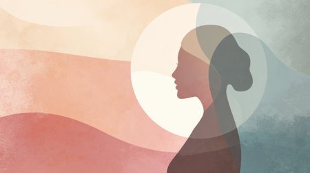 Silhouette of a woman facing a mirror evokes inner self reflection with tranquil pastel tones, suggesting a journey towards understanding and self-discovery.の素材