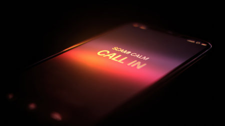 A phone screen displays a scam call alert with an eerie glow, set against a dark background, leaving the top third of the screen empty for effect.の素材