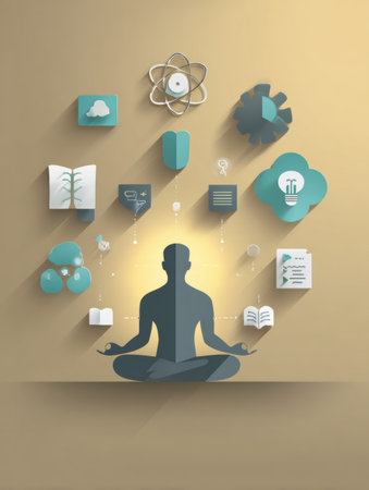 A meditating figure is central to a collection of icons representing intellect and knowledge, set against a soothing backdrop with clear layout.の素材