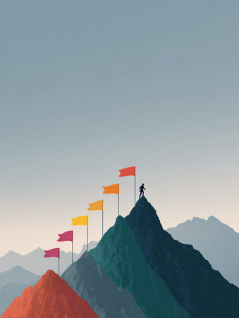 A person climbs a series of colorful mountain peaks marked with flags, symbolizing learning milestones and personal achievements against a serene sky.の素材