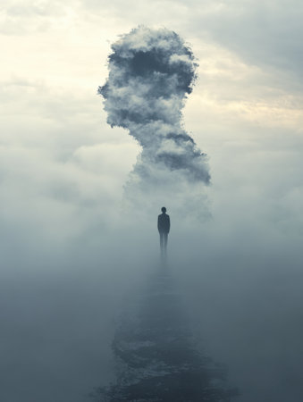 A person ascends through a thick fog, symbolizing doubt, as a silhouette of a brain emerges above, representing clarity and insight ahead.の素材