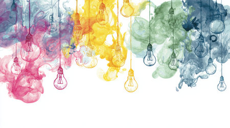 Colorful watercolor ink forms shapes of symbols and numbers as light bulbs dangle above, offering a whimsical and creative atmosphere without distractions.の素材