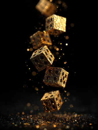 Golden dice tumble through space, glimmering among sparkling particles, creating an enchanting ambiance of excitement and anticipation.の素材
