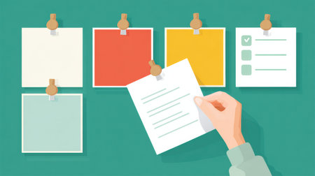A hand places a note on a bulletin board surrounded by colorful reminders and a checklist, creating an organized and tidy workspace.の素材