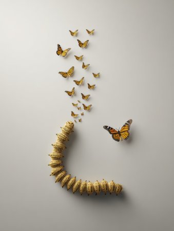 A caterpillar transitions into beautiful butterflies, representing a powerful transformation journey in a clean, minimalistic environment.の素材