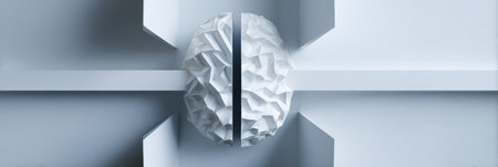 A folded paper brain expands into complex pathways, symbolizing creativity and thought. The minimal right space emphasizes the artistic design and concept.の素材