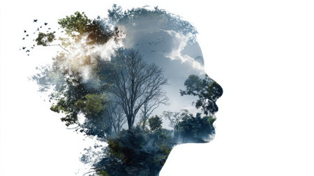 The concept illustrates a head silhouette filled with vibrant nature scenes, symbolizing mental growth and serenity, leaving space for creative thoughts.の素材
