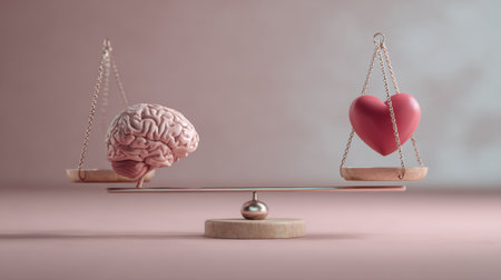 A minimalist design features a brain and heart on a scale, symbolizing the balance of intellect and emotion in a serene setting.の素材