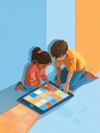 Two children collaborated on a colorful logic puzzle displayed on a tablet, enjoying their time together in a cheerful setting filled with soft light.の素材