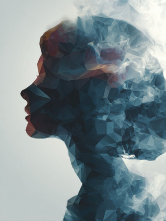 Abstract geometric forms seamlessly blend into a silhouette of a thinking head, surrounded by a calming, soft backdrop that enhances the visual experience.の素材