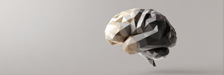 A geometric low-poly representation of a human brain floats against a neutral backdrop, highlighting the modern art style and abstract features of the model.の素材