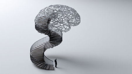 A spiral staircase winds upward through an open brain structure, symbolizing the journey of progressive thinking and creativity in a minimalist context.の素材