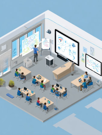 Students engage in collaborative learning using IoT devices and LED panels in a modern smart classroom designed for active participation and creativity.の素材