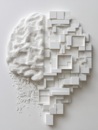 An overhead view reveals a unique brain sculpture composed of data blocks, with the left side neatly structured, highlighting innovation and design in art.の素材