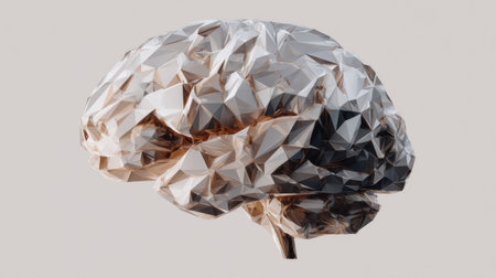 Low-poly human brain model with a geometric design on a neutral backdrop highlights abstract art and creativity with its unique angular features.の素材