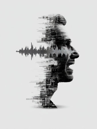 Profile silhouette represents a conversation with digital sound waves, symbolizing the intersection of technology and human interaction in modern communication.の素材