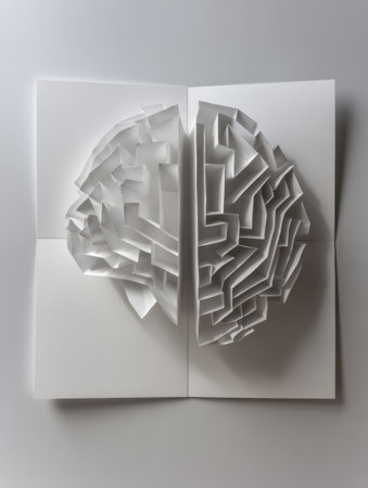 A folded paper brain unfolds into complex pathways, illustrating the beauty of cognitive structure and creativity in a minimalistic design.の素材