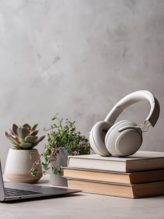 A minimalist workspace organized for remote education includes a laptop, headphones, stacked books, and a small plant in a calm environment.の素材