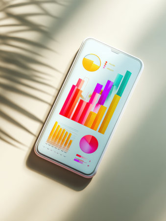 Smartphone displays a mobile learning app featuring vibrant graphs and analytics against a light backdrop, illustrating data trends in education technology.の素材