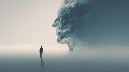 Individual stands amidst fog, transitioning from uncertainty to clarity, as a brain silhouette represents intellectual awakening at sunrise.の素材
