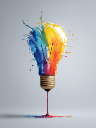 An ink splash transforms into a colorful lightbulb on a textured canvas, symbolizing creativity and inspiration with vivid hues and playful shapes.の素材