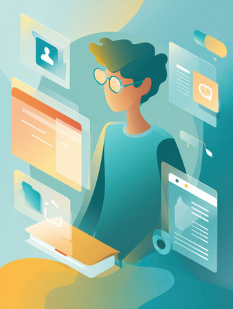 Virtual reality environment showcases online tutoring features with floating icons, a student silhouette, and a blank layout for user customization.の素材