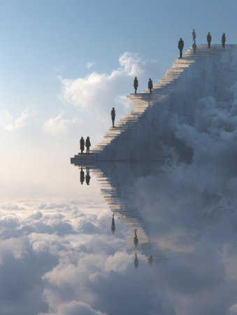 People can be seen climbing different stages of a floating staircase in a cloud-filled sky, creating a dreamlike atmosphere of exploration and journeying.の素材