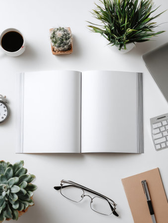 Clean white page of a magazine spread awaits content, surrounded by greenery, coffee, and office essentials on a tidy desk setup.の素材