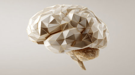 Geometric representation of a human brain showcases intricate low-poly design against a soft neutral backdrop, emphasizing the right sides free space.の素材
