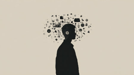 A silhouette in profile is surrounded by symbols of identity theft, highlighting rising digital security concerns today.の素材