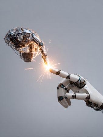 A robotic hand reaches out to touch a human brain, creating a spark of light, symbolizing the intersection of artificial intelligence and human thought.の素材