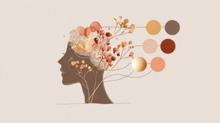 Colorful illustration showing a mind-map of learning goals with warm tones reflecting knowledge and personal growth in a clear, artistic format.の素材