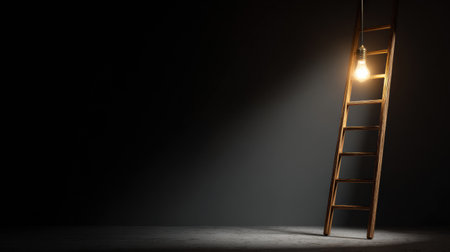 A wooden ladder leans against a glowing light bulb, symbolizing the pursuit of knowledge and creativity in a dimly lit area, inviting exploration.の素材