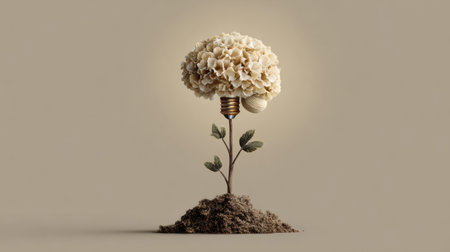 A blooming idea bulb emerges like a flower from soil shaped like a brain, with an upper space designated for messages, representing creativity and inspirationの素材
