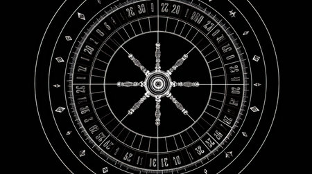 Detailed line art diagram of a roulette wheel featuring numbered slots and a central hub, with an empty upper section for added notes or labelsの素材
