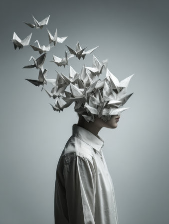 A head opening releases origami birds into the air, representing thoughts and imagination in a serene, modern environment with subtle shadows.の素材
