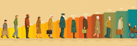 This timeline showcases a persons journey in acquiring skills through various life stages, highlighting growth from youth to elderly.の素材