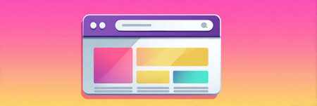 A pop-up digital advertisement appears in a colorful web browser window with a sleek design and a vacant top navigation bar, inviting user interaction.の素材