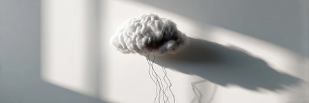 A thought cloud creates a shadow resembling a brain on a white wall, highlighting a minimalist design in a soft, illuminated space.の素材