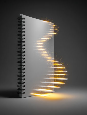 A spiral notebook emits glowing steps, illustrating the journey of ideas and the potential of written expression in a creative and inspiring manner.の素材