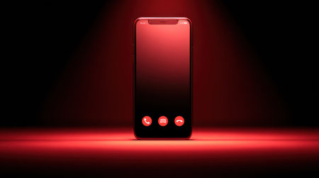 A phone screen displays an incoming scam call, creating an unsettling atmosphere with its eerie glow against a dark background, evoking tension.の素材