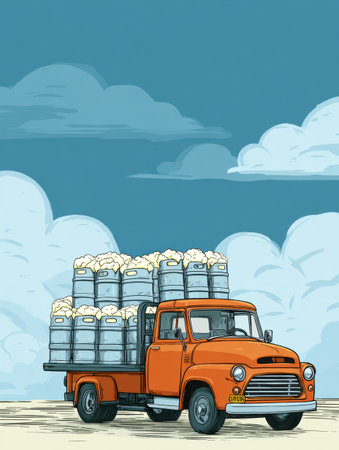 A cartoon-style delivery truck transports foam kegs under a clear blue sky, highlighting the vibrant colors and whimsical design of the vehicle.の素材