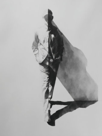 A pencil drawing depicts a person standing confidently, where the future self is sketched over the shadow of the present self, symbolizing hope and potential.の素材