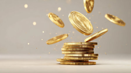 Golden slot coins are falling in an engaging animation, landing softly on a clear surface over a stacked arrangement.の素材