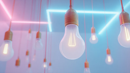 Bright neon light bulbs hang in a colorful environment, with one bulb glowing prominently in the foreground, creating an enchanting ambiance.の素材