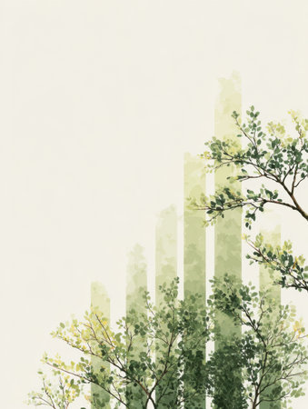A creative growth charts merges seamlessly with nature, featuring tree branches as metrics against soft green tones, with an upper area left blank for notes.の素材